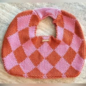 Chic Knit Checkerboard Handbag – Pink & Rust Statement Purse